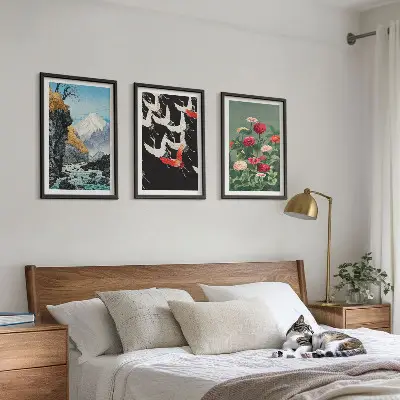 Gerahmtes Bilderset mit Motiven von Bergen Wasserfällen Vögeln und Blumen
