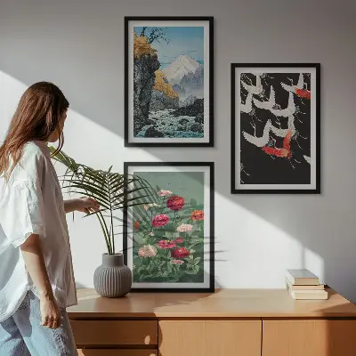 Gerahmtes Bilderset mit Motiven von Bergen Wasserfällen Vögeln und Blumen