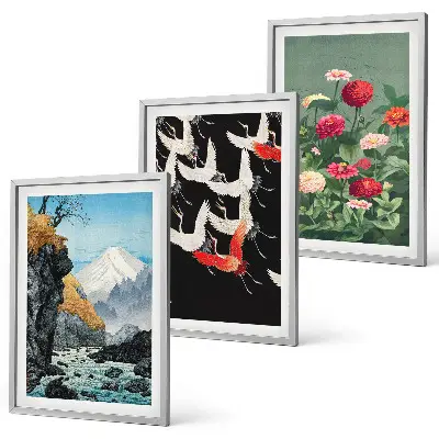 Gerahmtes Bilderset mit Motiven von Bergen Wasserfällen Vögeln und Blumen