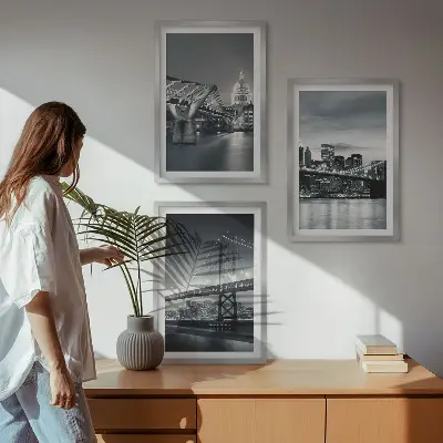 3er-Set Bilder mit Rahmen Stadtarchitektur mit Brücken in Grau