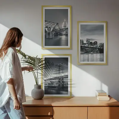 3er-Set Bilder mit Rahmen Stadtarchitektur mit Brücken in Grau