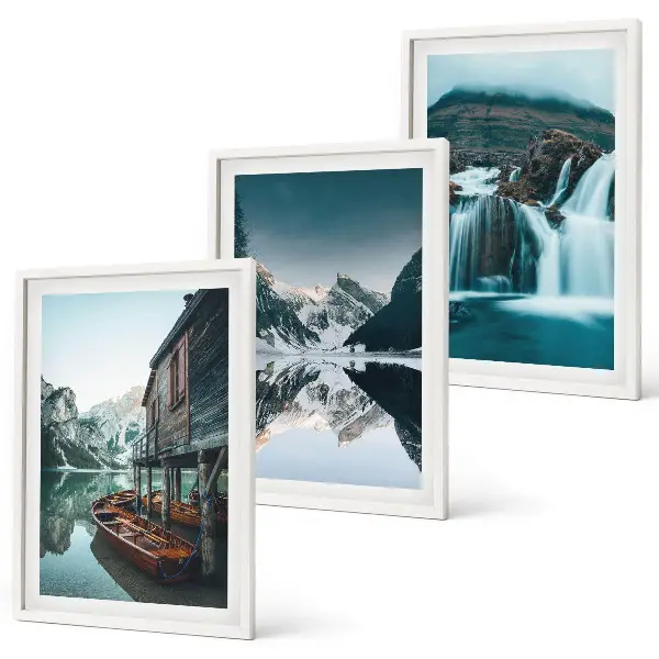 3er-Set Wandbilder mit Rahmen Berglandschaften mit Wasserfall und See