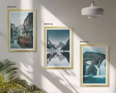 3er-Set Wandbilder mit Rahmen Berglandschaften mit Wasserfall und See