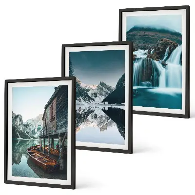 3er-Set Wandbilder mit Rahmen Berglandschaften mit Wasserfall und See