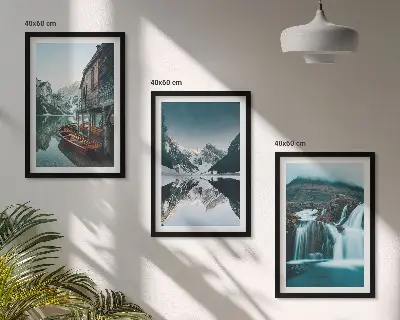 3er-Set Wandbilder mit Rahmen Berglandschaften mit Wasserfall und See