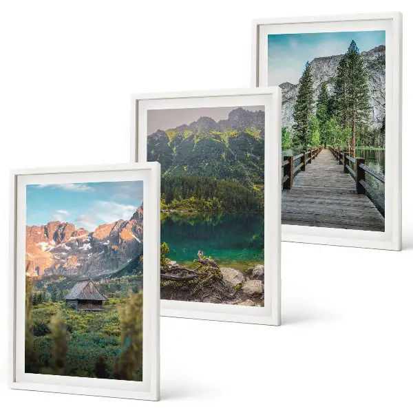 3er-Set Bilder mit Rahmen Berglandschaft mit See und Brücke