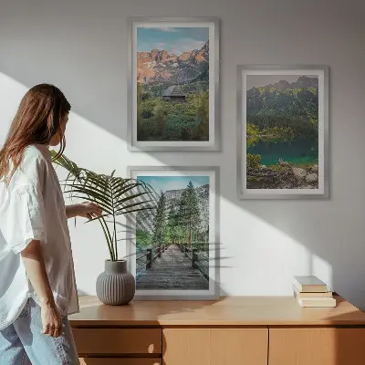 3er-Set Bilder mit Rahmen Berglandschaft mit See und Brücke