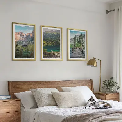 3er-Set Bilder mit Rahmen Berglandschaft mit See und Brücke