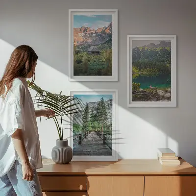 3er-Set Bilder mit Rahmen Berglandschaft mit See und Brücke