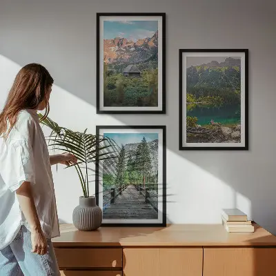 3er-Set Bilder mit Rahmen Berglandschaft mit See und Brücke