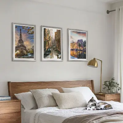 3er-Set Bilder mit Rahmen Eiffelturm, Venedig und Amsterdamer Kanäle