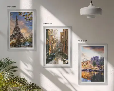 3er-Set Bilder mit Rahmen Eiffelturm, Venedig und Amsterdamer Kanäle