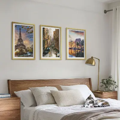 3er-Set Bilder mit Rahmen Eiffelturm, Venedig und Amsterdamer Kanäle