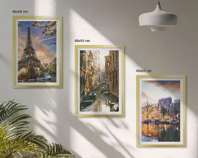 3er-Set Bilder mit Rahmen Eiffelturm, Venedig und Amsterdamer Kanäle