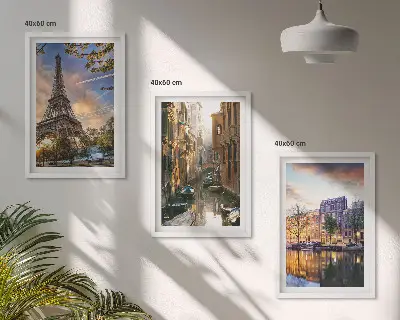 3er-Set Bilder mit Rahmen Eiffelturm, Venedig und Amsterdamer Kanäle