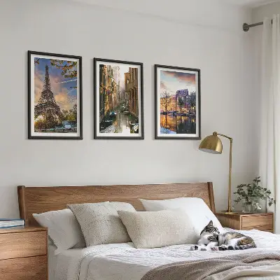 3er-Set Bilder mit Rahmen Eiffelturm, Venedig und Amsterdamer Kanäle