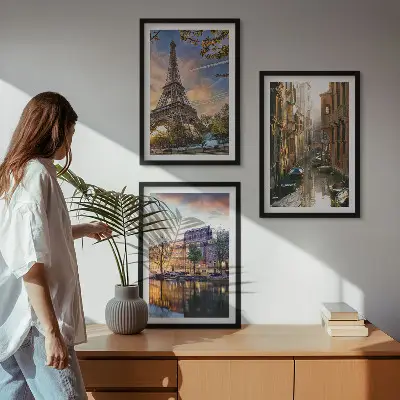 3er-Set Bilder mit Rahmen Eiffelturm, Venedig und Amsterdamer Kanäle