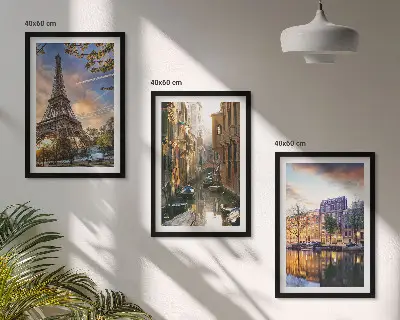 3er-Set Bilder mit Rahmen Eiffelturm, Venedig und Amsterdamer Kanäle