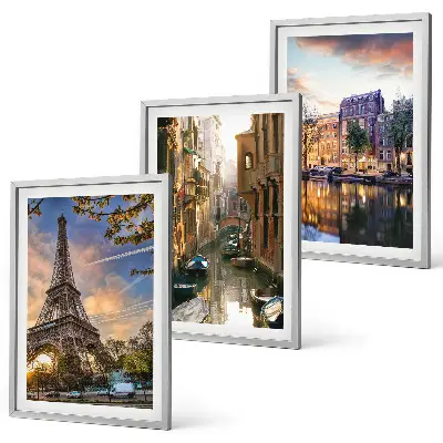 3er-Set Bilder mit Rahmen Eiffelturm, Venedig und Amsterdamer Kanäle