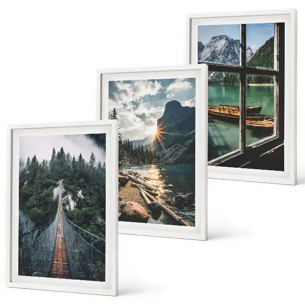 Bilder-3er-Set mit Rahmen Landschaftsmotive mit Brücke, Wald, See, Booten und Bergen