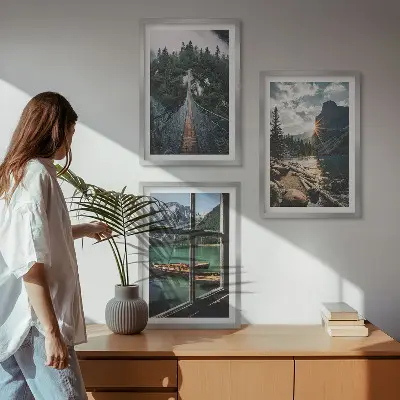 Bilder-3er-Set mit Rahmen Landschaftsmotive mit Brücke, Wald, See, Booten und Bergen