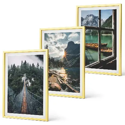 Bilder-3er-Set mit Rahmen Landschaftsmotive mit Brücke, Wald, See, Booten und Bergen