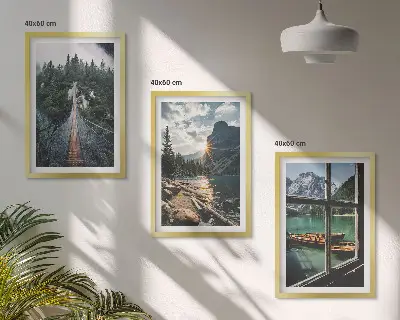 Bilder-3er-Set mit Rahmen Landschaftsmotive mit Brücke, Wald, See, Booten und Bergen