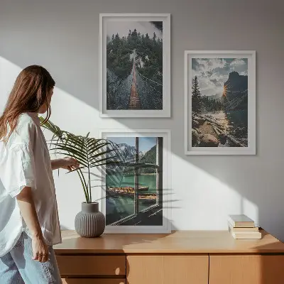 Bilder-3er-Set mit Rahmen Landschaftsmotive mit Brücke, Wald, See, Booten und Bergen