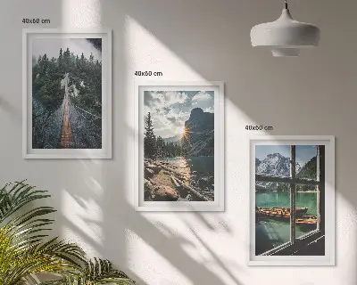 Bilder-3er-Set mit Rahmen Landschaftsmotive mit Brücke, Wald, See, Booten und Bergen