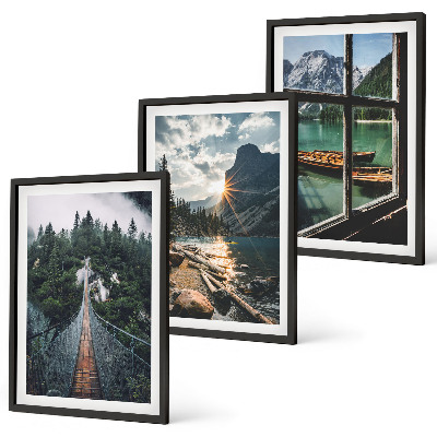 Bilder-3er-set mit rahmen Brücke, Wald, See, Boote, Berge