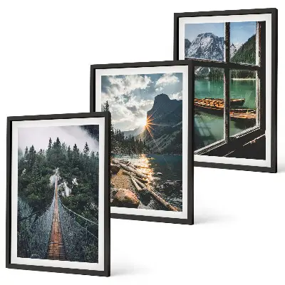 Bilder-3er-Set mit Rahmen Landschaftsmotive mit Brücke, Wald, See, Booten und Bergen