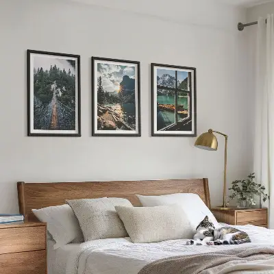 Bilder-3er-Set mit Rahmen Landschaftsmotive mit Brücke, Wald, See, Booten und Bergen