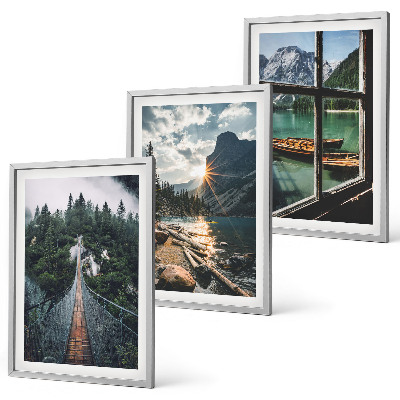 Bilder-3er-set mit rahmen Brücke, Wald, See, Boote, Berge
