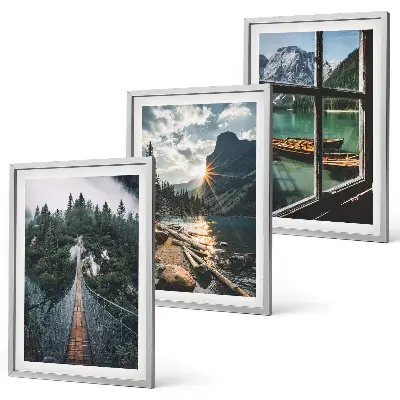 Bilder-3er-Set mit Rahmen Landschaftsmotive mit Brücke, Wald, See, Booten und Bergen