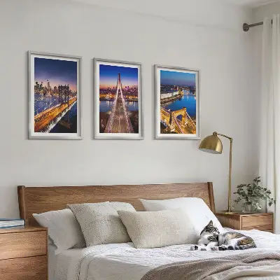 3er-Set Bilder mit Rahmen mit Motiven von Städten bei Nacht, Brücken und Flüssen