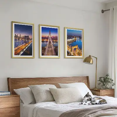 3er-Set Bilder mit Rahmen mit Motiven von Städten bei Nacht, Brücken und Flüssen
