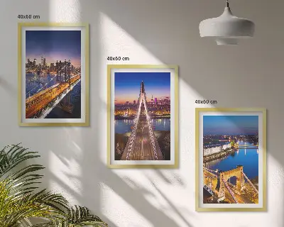 3er-Set Bilder mit Rahmen mit Motiven von Städten bei Nacht, Brücken und Flüssen