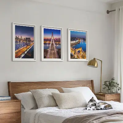 3er-Set Bilder mit Rahmen mit Motiven von Städten bei Nacht, Brücken und Flüssen