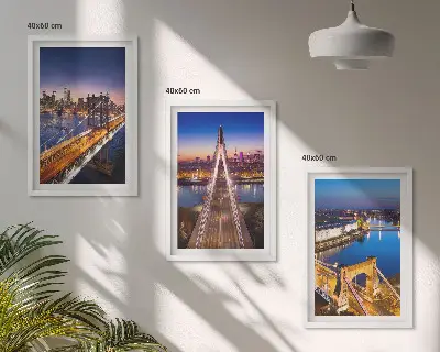 3er-Set Bilder mit Rahmen mit Motiven von Städten bei Nacht, Brücken und Flüssen