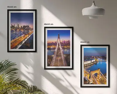 3er-Set Bilder mit Rahmen mit Motiven von Städten bei Nacht, Brücken und Flüssen