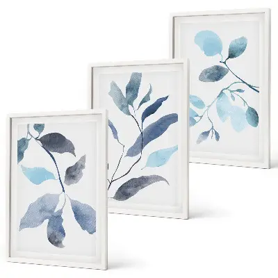 Gerahmtes Bilderset Aquarell mit blauen Blättern