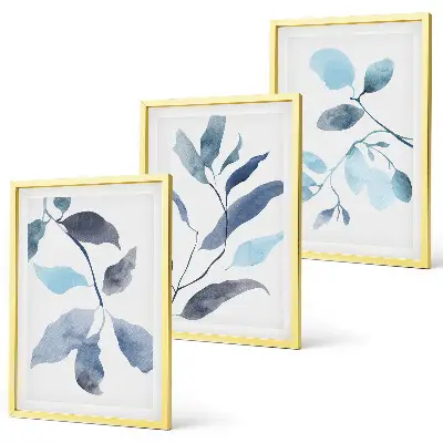 Gerahmtes Bilderset Aquarell mit blauen Blättern