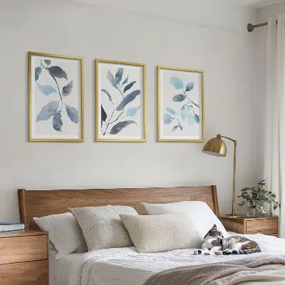 Gerahmtes Bilderset Aquarell mit blauen Blättern