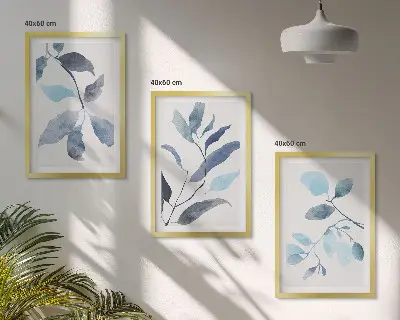 Gerahmtes Bilderset Aquarell mit blauen Blättern