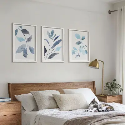 Gerahmtes Bilderset Aquarell mit blauen Blättern