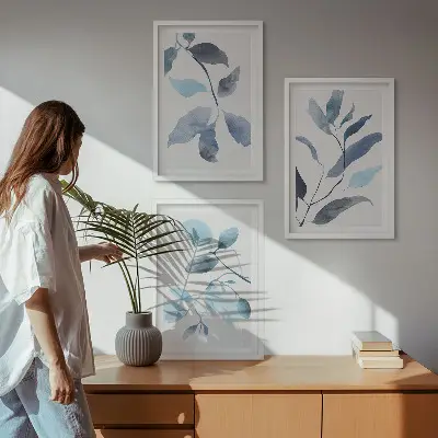 Gerahmtes Bilderset Aquarell mit blauen Blättern