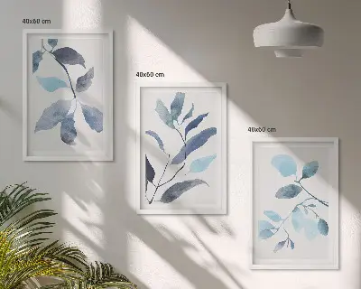 Gerahmtes Bilderset Aquarell mit blauen Blättern