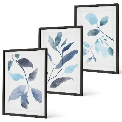 Gerahmtes Bilderset Aquarell mit blauen Blättern