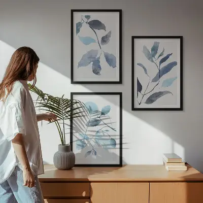 Gerahmtes Bilderset Aquarell mit blauen Blättern