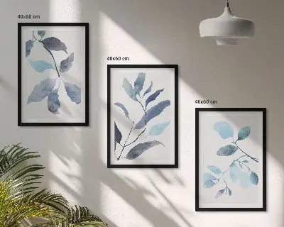 Gerahmtes Bilderset Aquarell mit blauen Blättern
